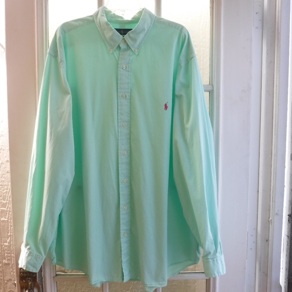 Ralph Lauren Pink Pony on Light Aqua Color Button Down Men's 2XB Shirt